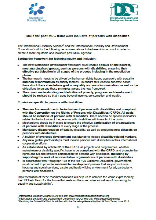 Cover IDDC-IDA - Make the post-MDG framework inclusive of persons with disabilities