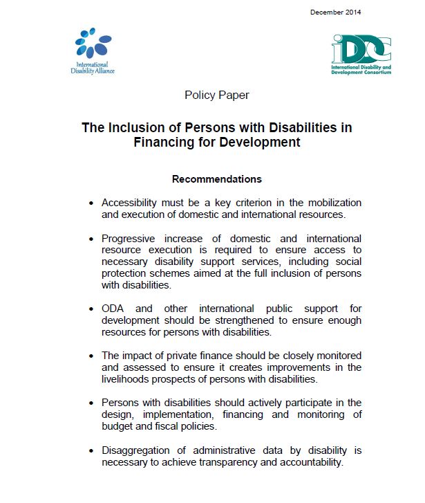 Cover Policy Paper The Inclusion of Persons with Disabilities in Financing for Development